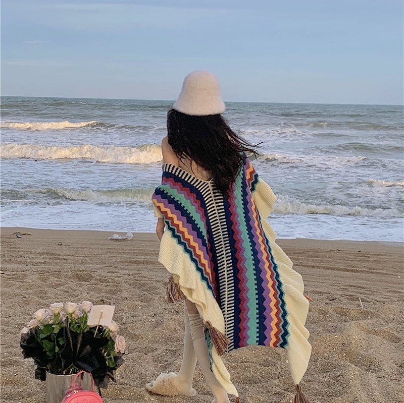 Этническое плащ-пальто, шерстяной knitted плащ, подвеска ручной работы с кисточками для путешествий