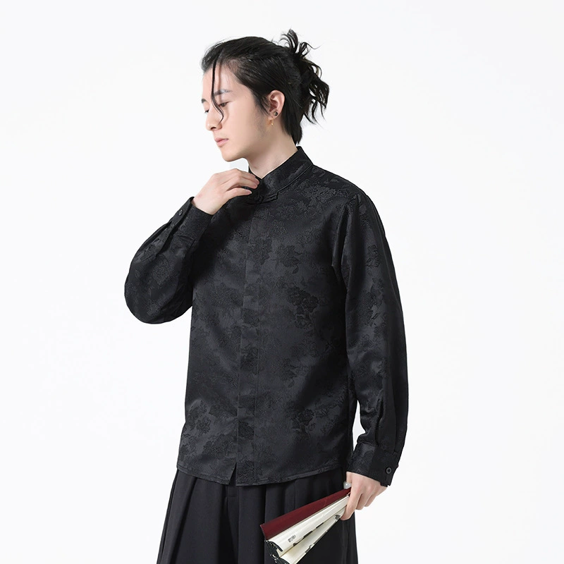 Весенний Новый жаккардовый ретро-воротник в китайском стиле, Повседневная рубашка с длинными рукавами и пряжкой, мужская рубашка, Молодежный костюм Тан, модный