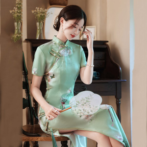 Green Chinese Dress qiapo retro cheongsam dress for women girls host singer miss ettiquette dresses