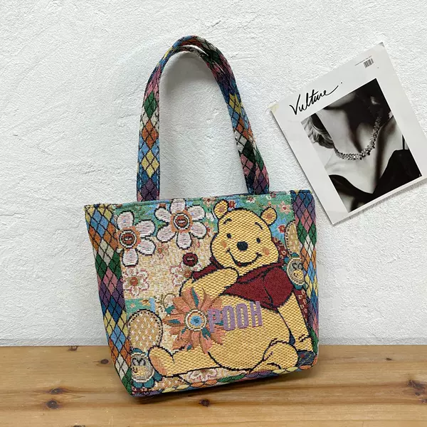 Cartoon Lingge Bear Portable Double-sided Embroidered Casual Canvas Bag Fashionable All-match Handbag Ethnic Style Lunch Bag