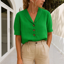 2025新款速卖通亚马逊女式衬衫立领纽扣休闲长短袖棉麻纯色上衣女