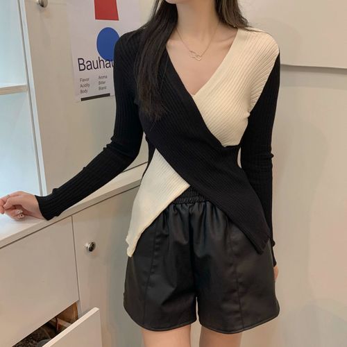 Women's Color-blocked V-neck Knit Top 2025 Summer Autumn New Arrival Korean Style Asymmetrical Design Crossed Long Sleeve Base Layer T-shirt