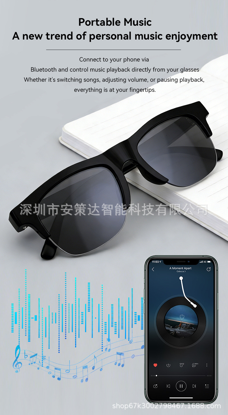 跨境爆款D12智能眼镜蓝牙通话音乐语音唤醒遥控拍照立体环绕音