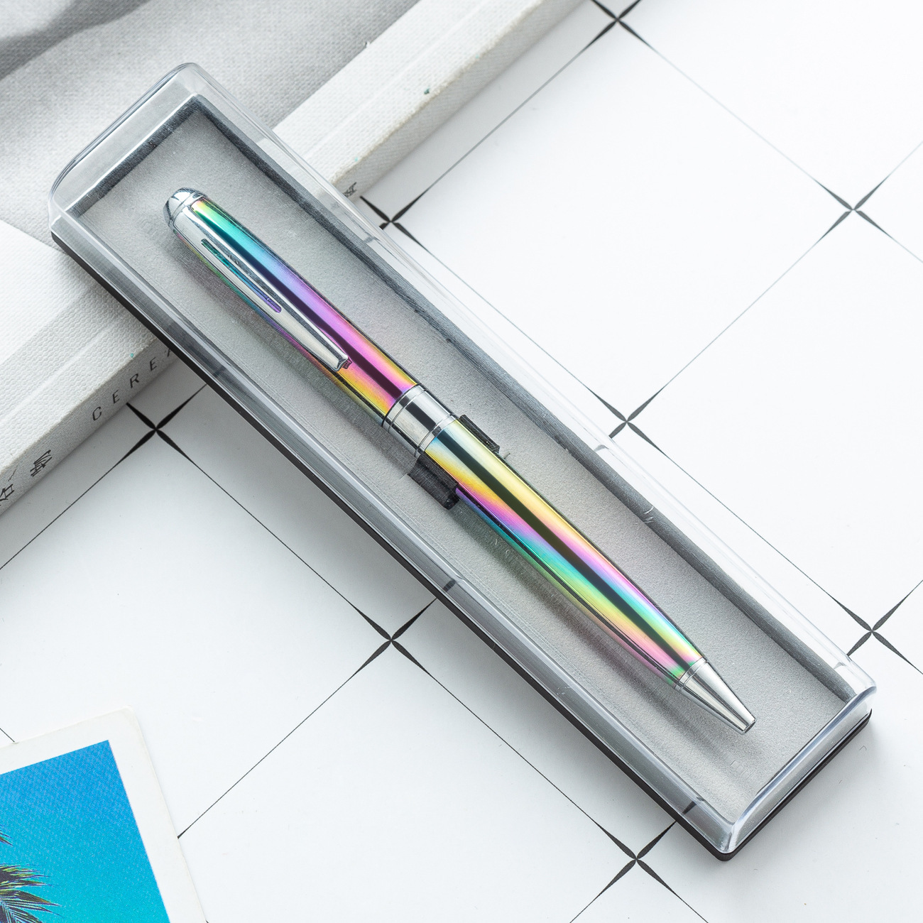 Caja de bolígrafo de cristal transparente en stock caja de almacenamiento de bolígrafo de diamante caja de bolígrafo de plástico rectangular puede imprimir logotipo al por mayor