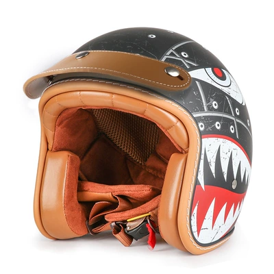 outdoor riding helmet, new national standard, Motosiklet kaskı (dəbilqə) - matte-black-shark-brown-leather-brim-m55-56