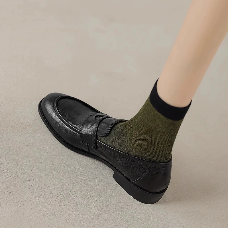 Мягкая овечья кожа черные туфли на плоском каблуке Lefu женские прилив весна и осень новые французские круглые туфли ретро одиночные туфли