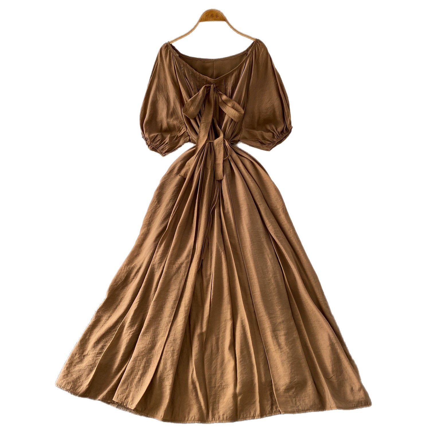 Women's French Style Tie Neck Puff Sleeve Dress Gentle Elegant Summer Casual Long Dress Simple Commuting Style_ecoleips.com