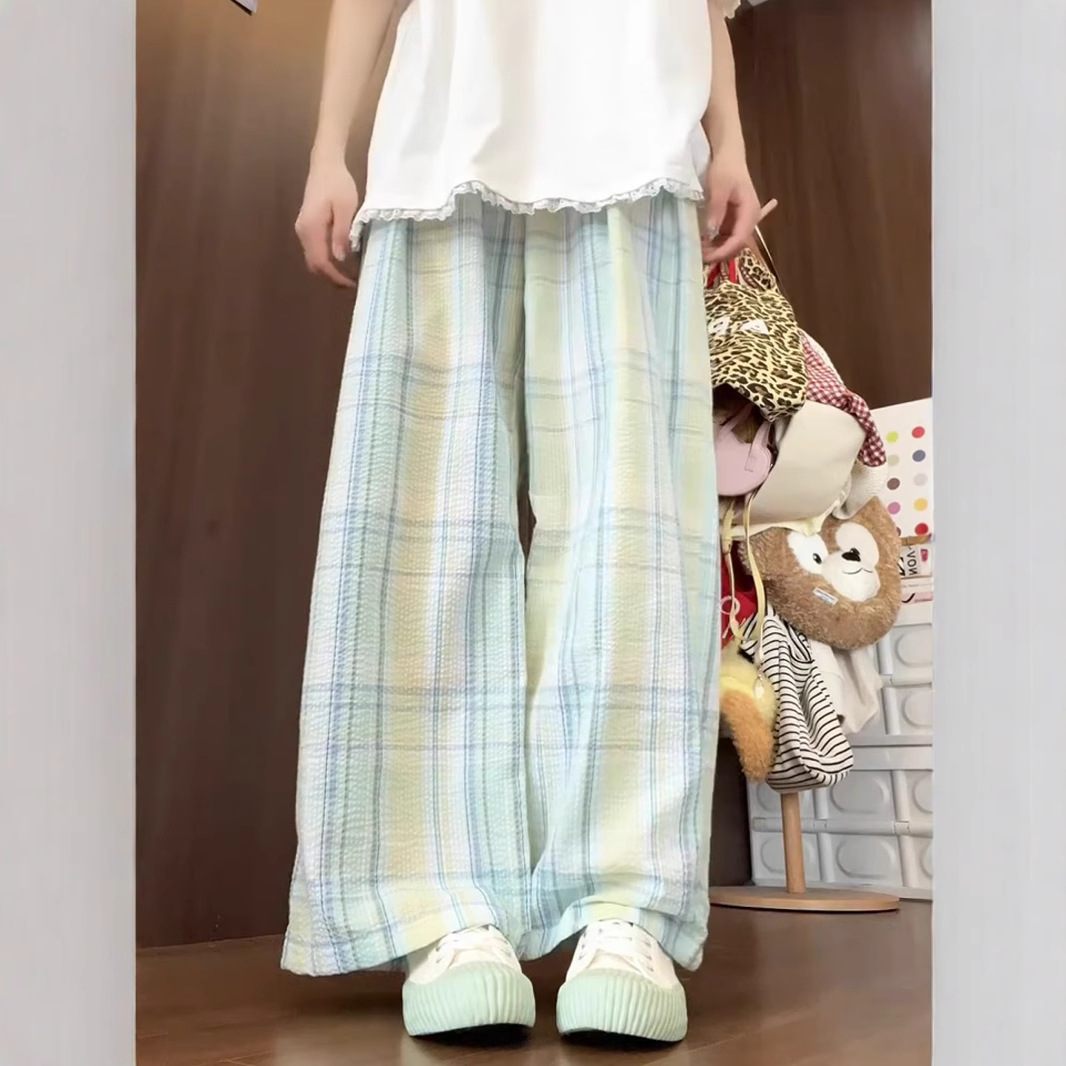Ice Silk Green Plaid Pants for Women, Summer Thin 2025 New High-Waisted Petite Wide-Leg Pants, Slimming Straight-Leg Yamamoto Pants