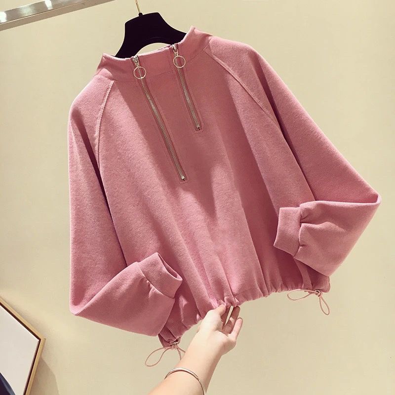 超火半拉链卫衣2022新款女ins秋冬装宽松立领套头抽绳收腰上衣潮