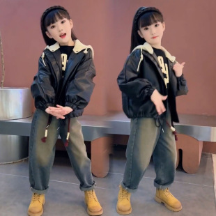 Girls' Leather Jacket Autumn and Winter 2024 New Children's Middle and Big Children Thickened Retro Detach Cap Top Fashionable Jacket