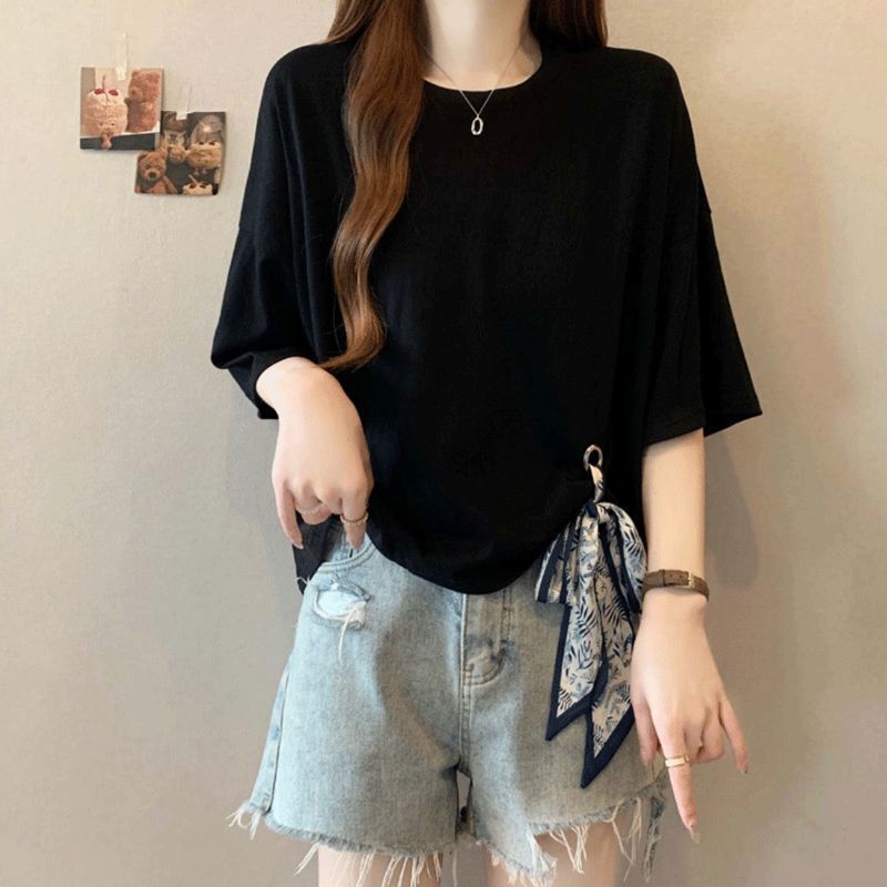 Plus-Size Irregular Tie Short-Sleeve T-Shirt for Women, Summer 2026 New Style, Loose Fit, Slimming, Covers Body Fat, Top for Chubby Women
