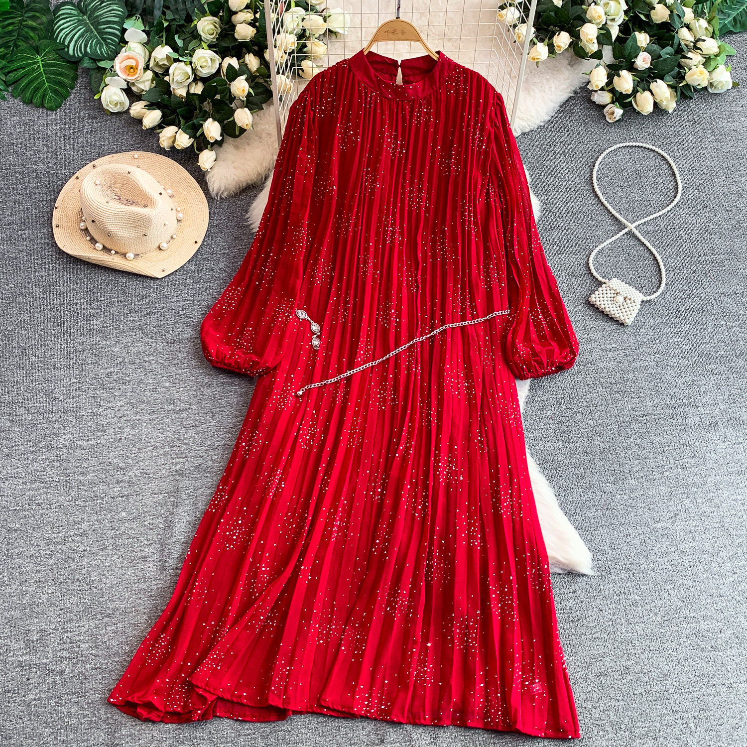 Women's French Style Light Luxury Sparkly Rhinestone round Neck Long Sleeve Dress Summer Slimming Pleated Long Skirt_ecoleips.com