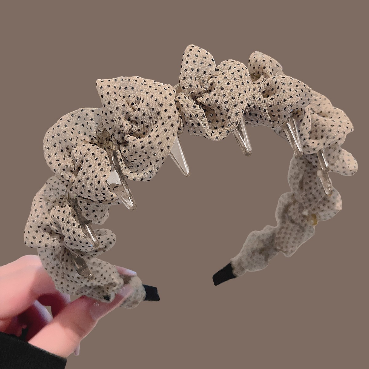 Apricot chiffon polka dot pleated headband