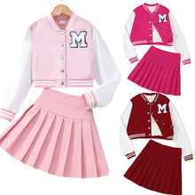 跨境外贸女童8-14岁棒球服秋冬季潮流立领印花百褶裙运动套装