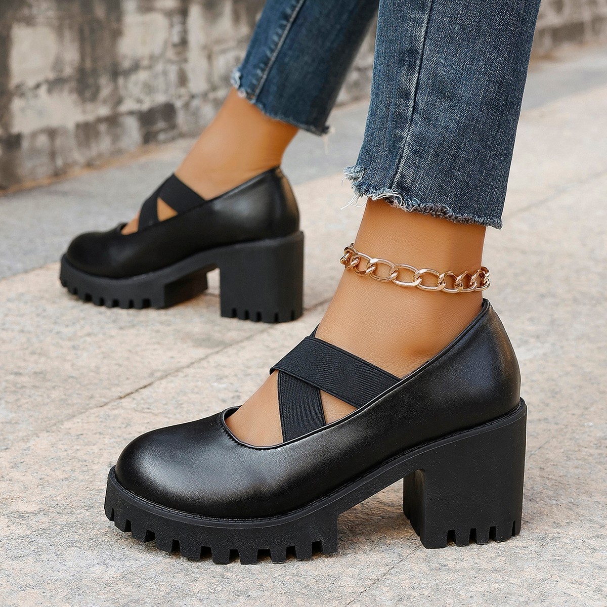Professional Women's Crisscross Elastic High Heeled Shoes plus Size Chunky Heel Autumn New Style Dress Shoes_voghion.com