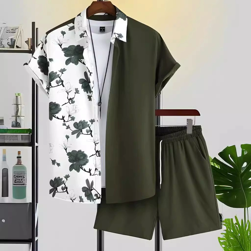 2024 Amazon TEMU Летний хипстер черный белый полосатый гавайский трансграничный мужской рубашка набор