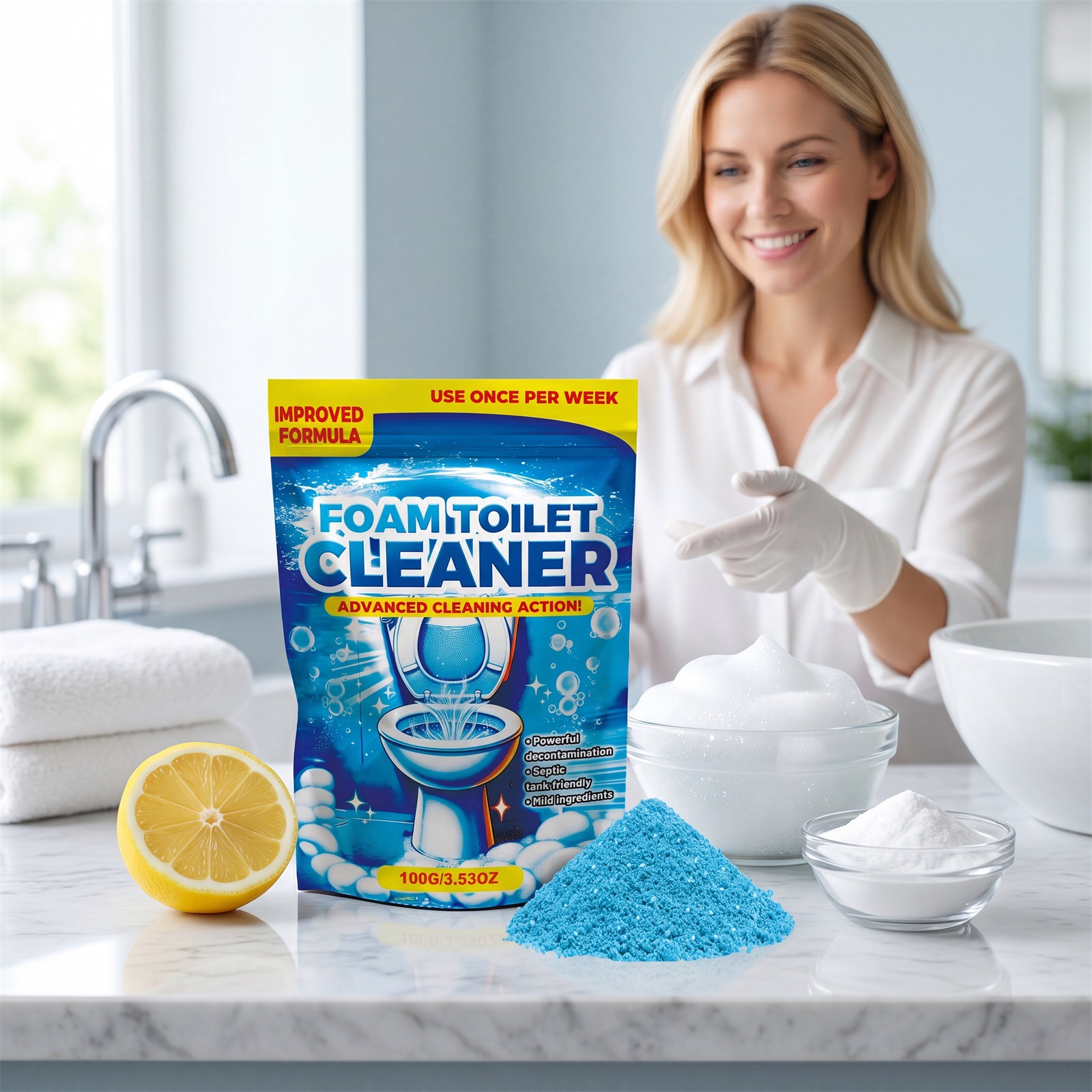 Foam Toilet Cleaning Powder, Gentle Formula, Easily Dissolves, Does Not Damage Ceramic Glaze, Removes Odors, and Removes Stubborn Stains