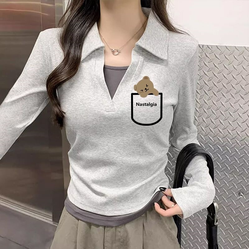 Women's Clothing Spring Chic Color-Block Polo Collar Long-Sleeve T-Shirt New Korean Style Slim Fit Faux Two-Piece Print