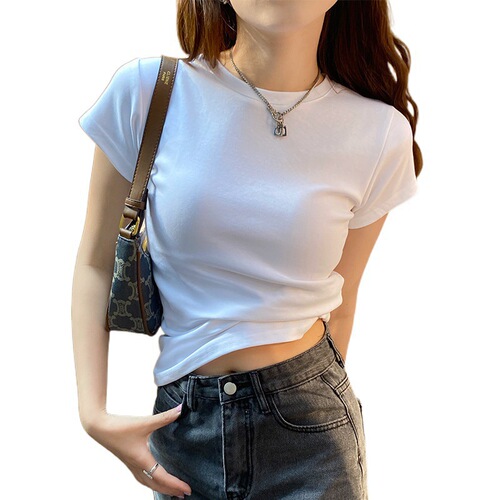Women's Casual Short Sleeve T-Shirt Summer Round Neck Slim Fit Weight Loss Top for Layering, Reveals Chest, Elastic Tight Pure Color Basic Shirt