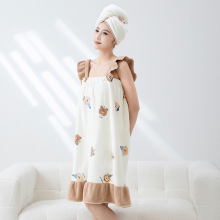 卡通派对小熊毛巾浴巾干发帽批发家用成人吸水珊瑚绒可穿吊带浴裙