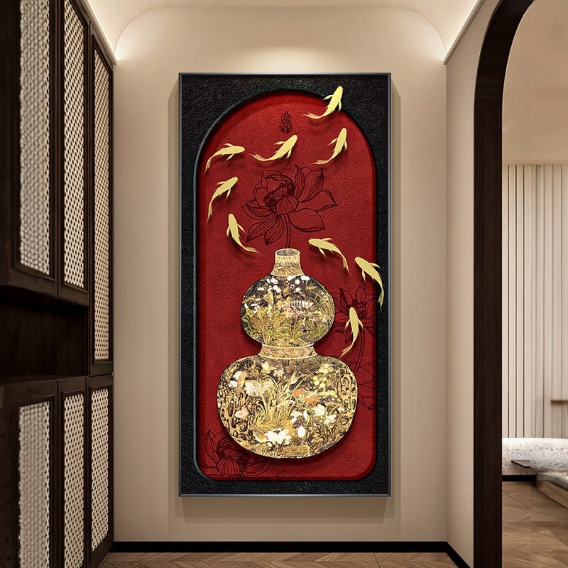 French retro-style gourd-shaped entrance decorative painting, new Chinese-style "Hundred Blessings" painting for corridor and hallway, "Fu" character wall art for the home entrance