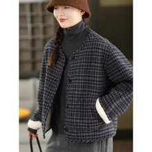 现货秋冬季新款时尚加厚格纹毛呢保暖棉衣女休闲加绒开衫棉服外套
