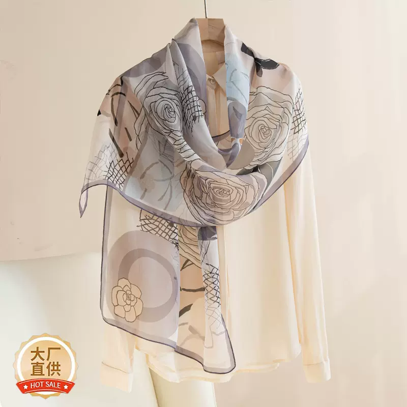 杭州桑蚕丝丝巾2026四季国风花卉图印花薄款围巾高级感女纱巾