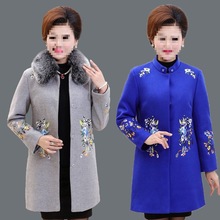 中老年女装春秋装毛呢外套套装大码妈妈装衣服-中长款呢上衣