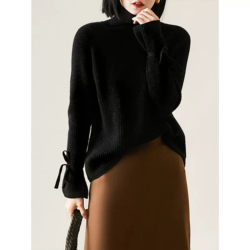 100%羊毛时髦重工慵懒风袖口系带羊毛衫女新款高领毛衣丨源头工厂
