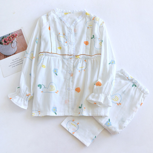Spring and summer confinement clothes pure cotton gauze thin long-sleeved home clothes set double-layer gauze maternity pajamas one piece drop shipping