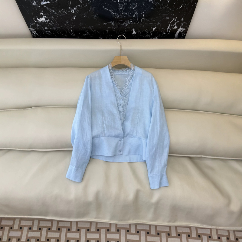 2026 Spring/Summer New Style Fresh and Elegant Light Blue Lace V-Neck Slim Fit Tencel Long Sleeve Shirt for Women 2026 Spring/Summer New Style Fresh and Elegant Light Blue Lace V-Neck Slim Fit Tencel Long Sleeve Shirt for Women