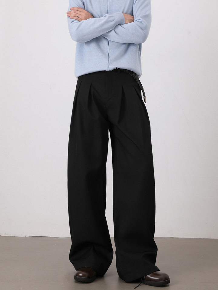 Quần tây nam casual dáng rộng ống suông xếp ly đôi chữ A vải rủ — Màu xám nhạt, màu đen