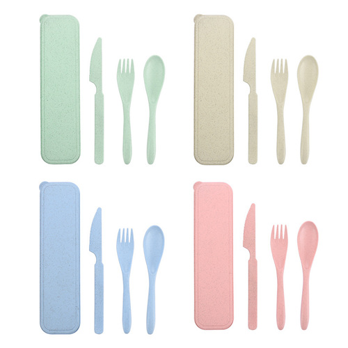 Wheat straw portable cutlery box knife and fork set plastic knife, fork and spoon student travel three-piece set wheat tableware