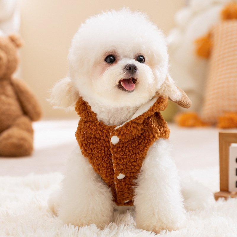 Brown lindo viento animal sin mangas tracción camisa de peluche osos orejas perros pequeños encapuchados ropa de perro mascota al por mayor