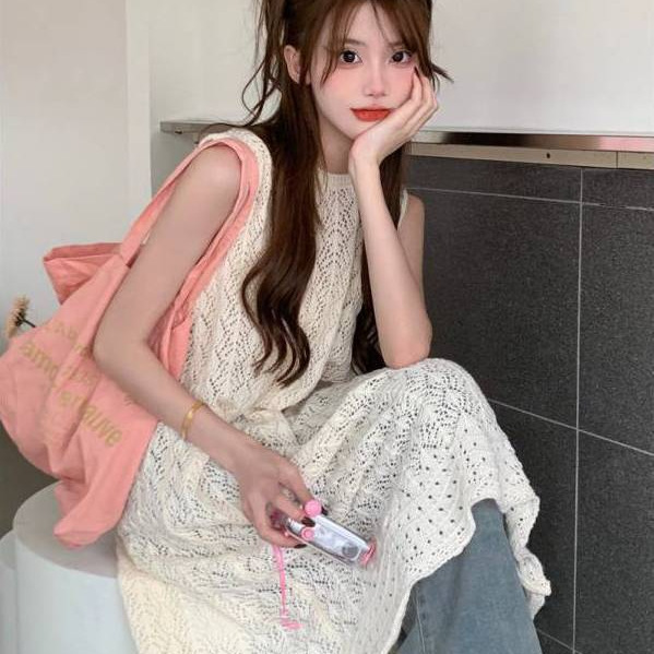 Two-Piece Korean Style Outer Wear with Cut Out Blouse Dress, Long Skirt, Sleeveless Slit Top, Long Knitted Knitwear