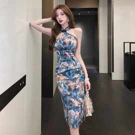 夏季新款名媛气质复古印花少女年轻款改良主播修身显瘦旗袍连衣裙
