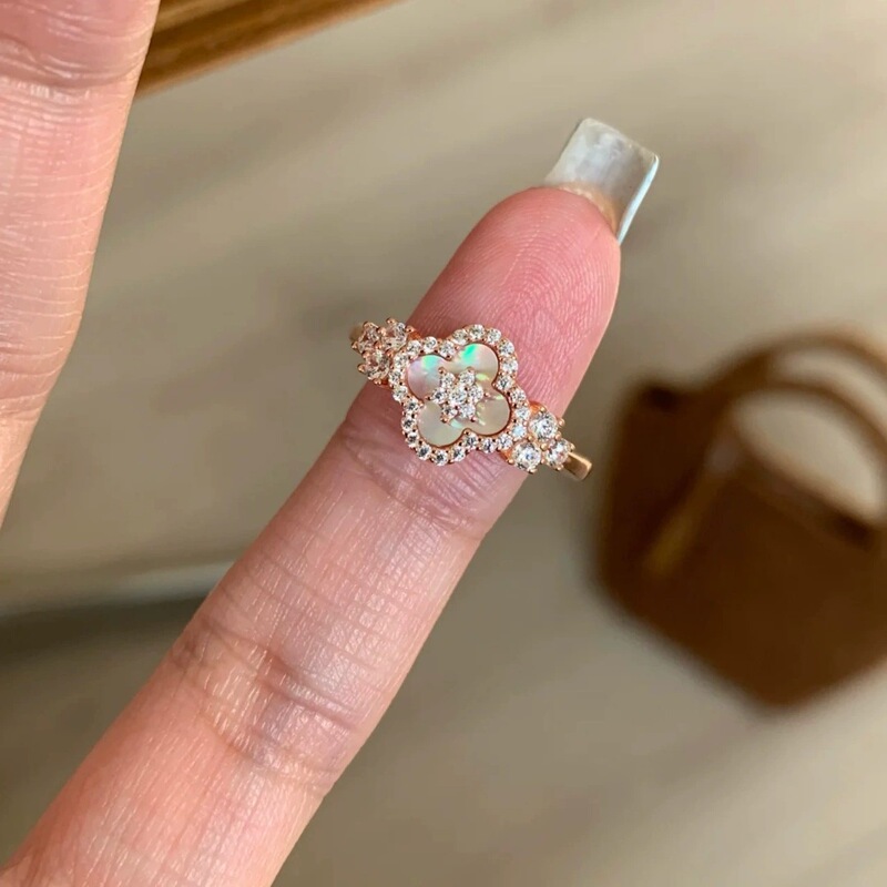 Gentle Pink Mother-Of-Pearl Four-Leaf Clover Ring Sparkling Zircon Flower High-End Light Luxury Adjustable Open Ring