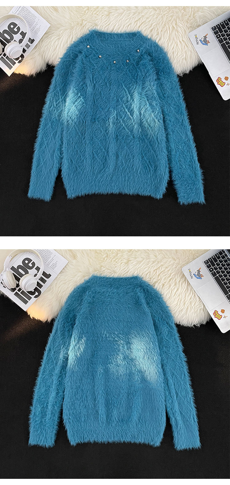 Men's Clothing mink sweater button flower design beaded high weight knitted sweater furry pullover lazy trend men_voghion.com