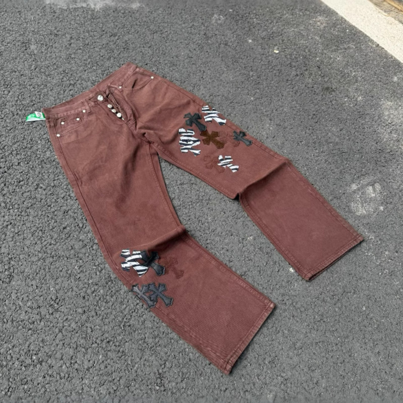 25ss クロムハーツ CH ブラウン ゼブラ柄 クロスレザー アメリカン ハイストリート ジーンズ|undefined