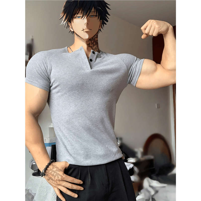 Gray heavy-weight ribbed henley collar short-sleeve polo shirt for men, summer trendy slim-fit sports muscle-enhancing quick-dry T-shirt Gray heavy-weight ribbed henley collar short-sleeve polo shirt for men, summer trendy slim-fit sports muscle-enhancing quick-dry T-shirt