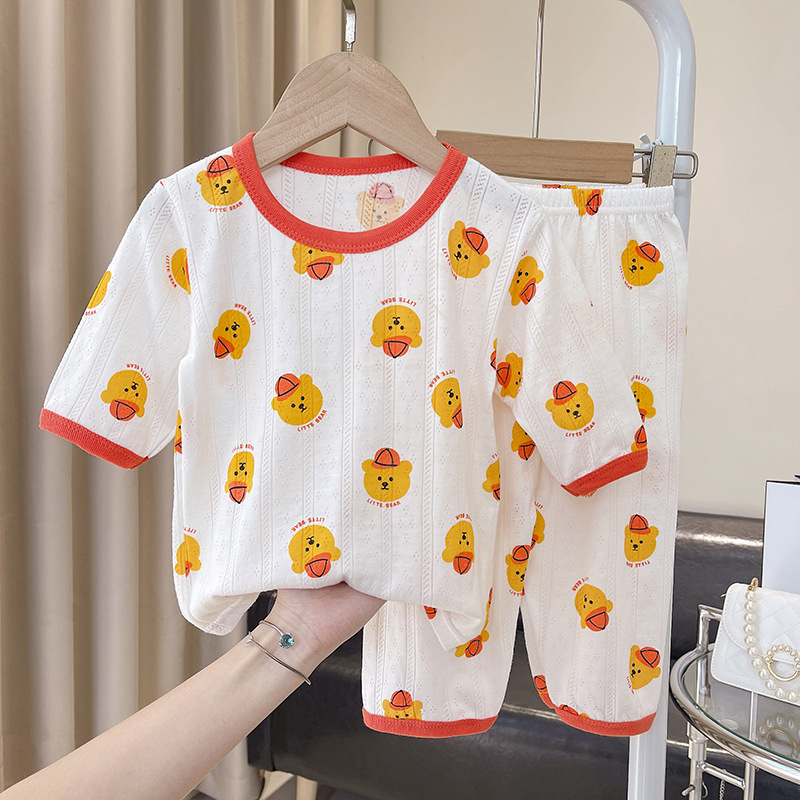 Primavera y Verano para Niños de estilo coreano para niñas Ropa de hogar traje transpirable cómodo Algodón puro algodón respiración bebé pijamas ropa de aire acondicionado
