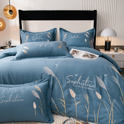 新款刺绣80支长绒棉全棉四件套纯棉高档纯色绣花被套床单套件批发