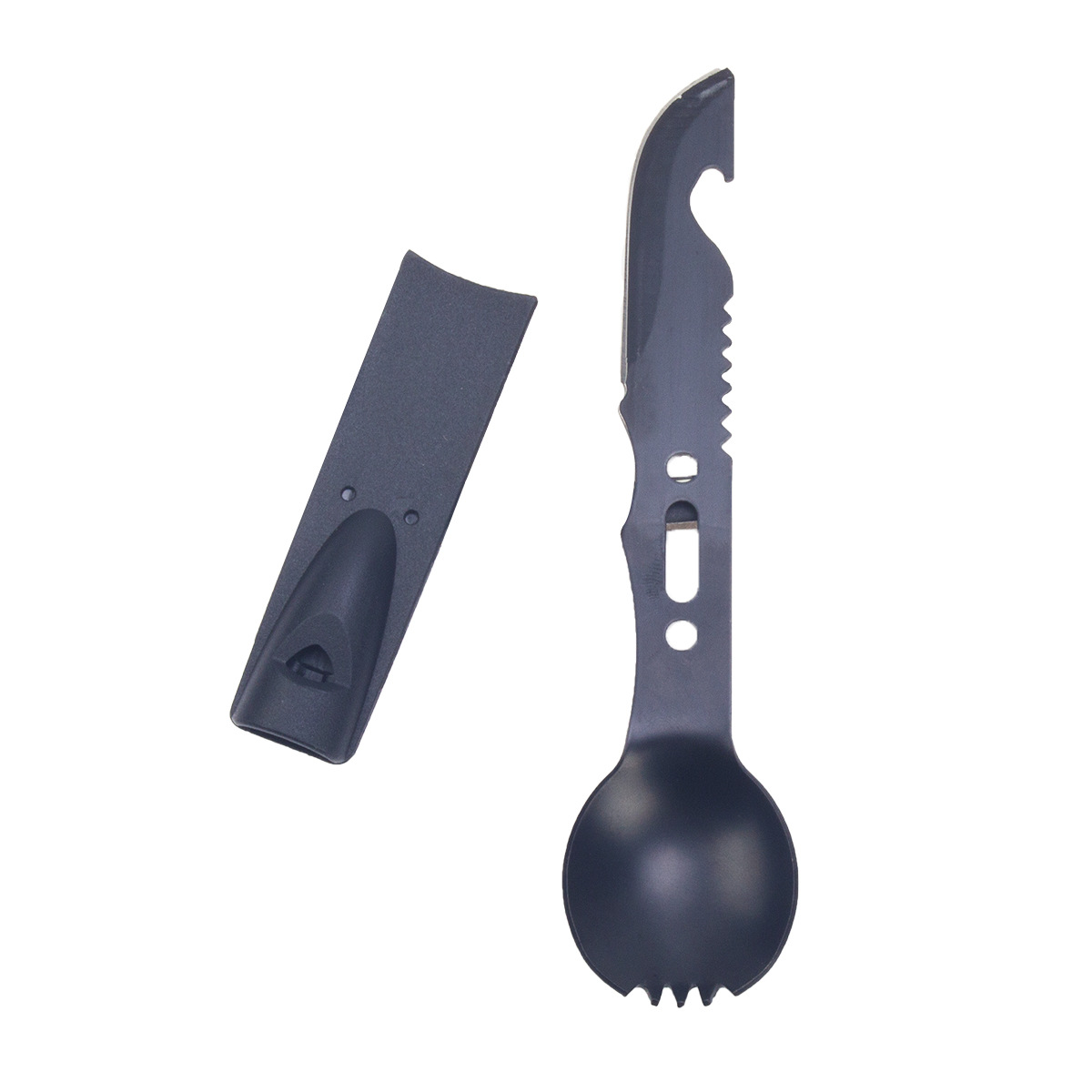 cuchillo multifuncional de acero inoxidable para exteriores de 7 en 1 con tenedor, cuchara, silbato y cuchillo recto pequeño para campamento