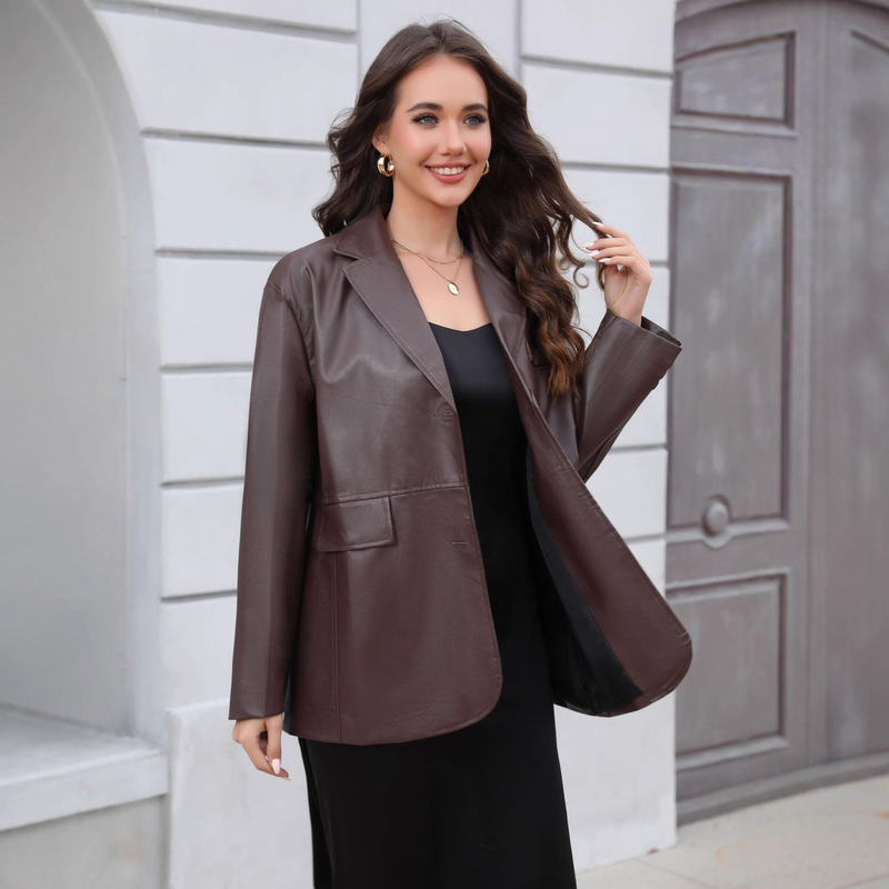 Cross-Border Popular Ancora Red Suit Jacket Women's High-End Autumn and Winter Loose Oversize Pu Leather Motorcycle Jacket