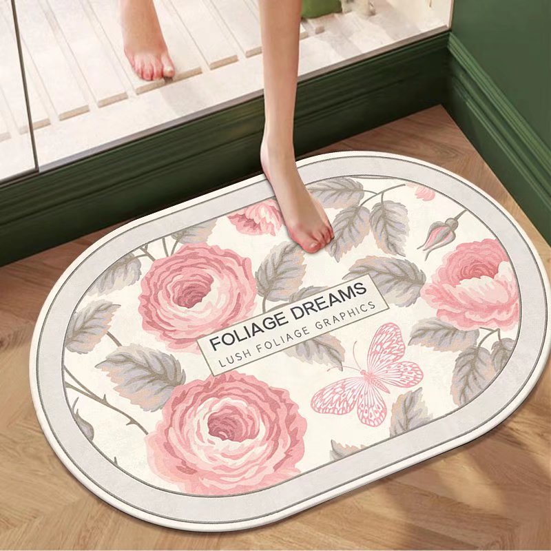 Pastoral al por mayor de flores y plantas de barro de diatomeas estera suave estera absorbente alfombra de baño ovalada alfombra de piso antideslizante alfombra de puerta absorbente