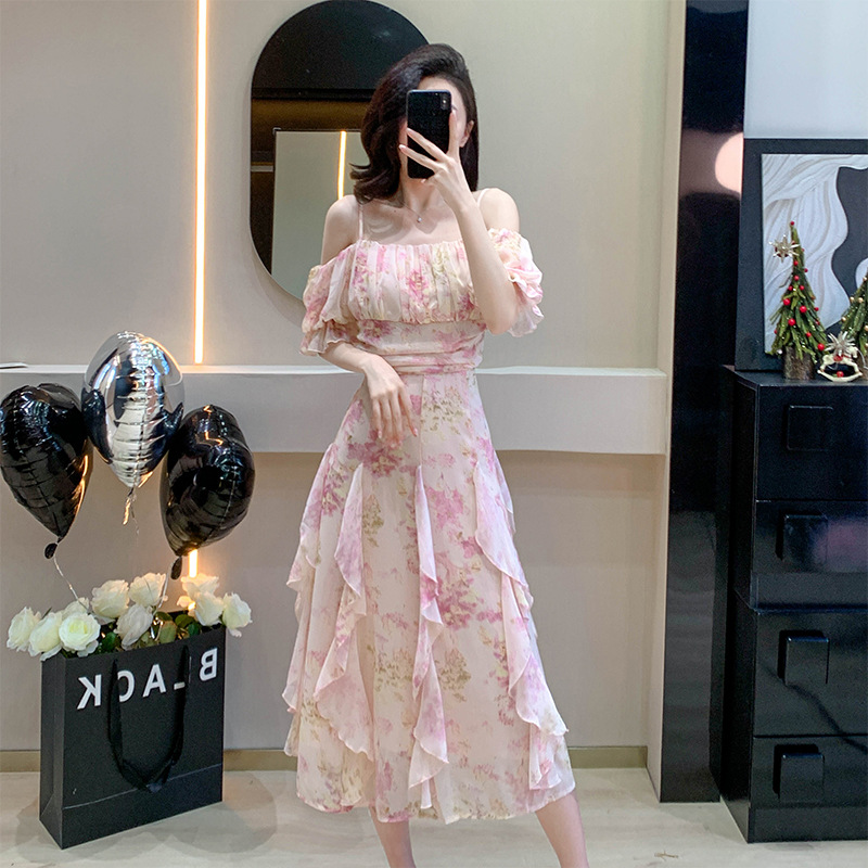 Summer Sweet Floral Dress For Women-French Tea Time Style With Shoulderless Strapped And Irregular Fairy Long Skirt_ecoleips.com