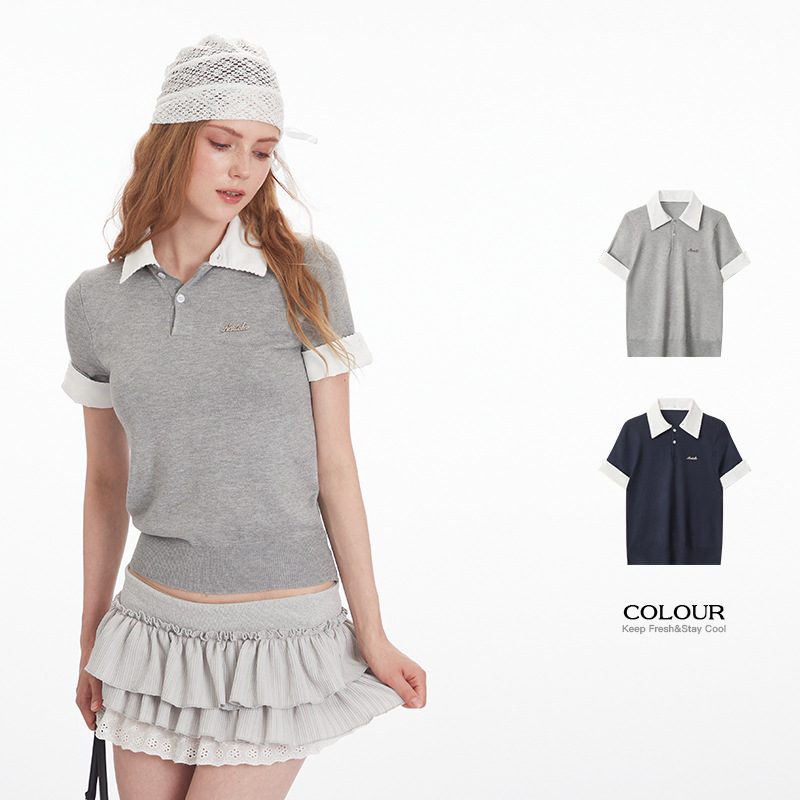 HeyHenry Summer Color Block Knit Short Sleeve Polo Shirt Women's High-End Casual Off-Shoulder T-Shirt Top