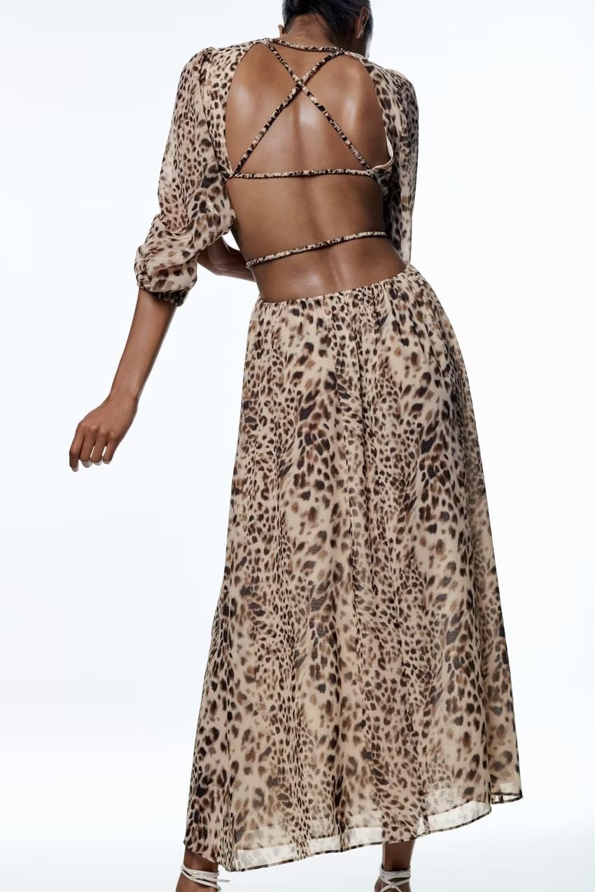 round neck backless puff sleeve long leopard printed dress NSAM134642