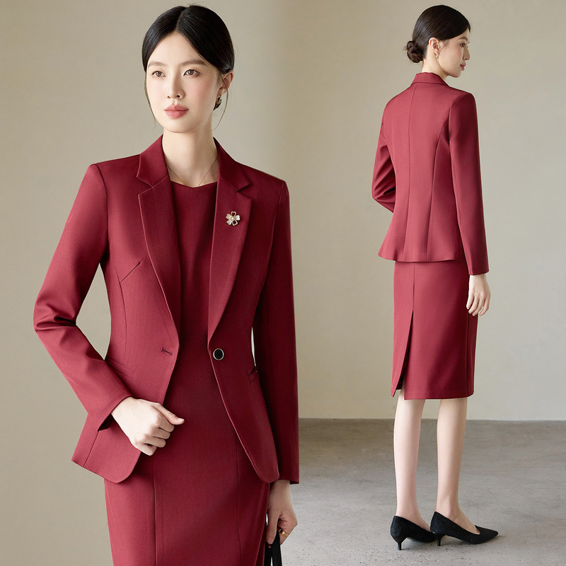 酒红色西装外套女春秋2025新款时尚气质高端西服连衣裙套装两件套|undefined