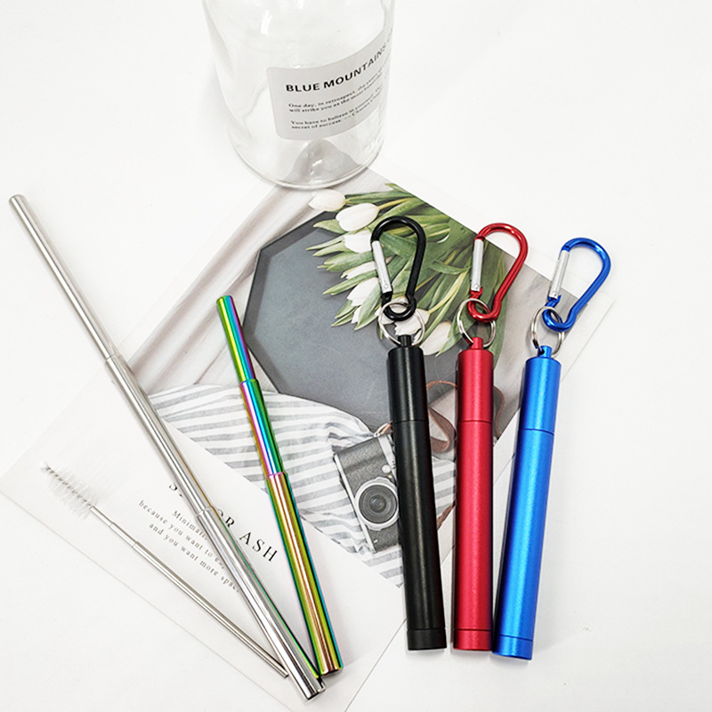 Portable304 Stainless Steel Color Telescopic Straw With Aluminum Alloy Storage Tube Cover Outdoor Travel Metal Straw